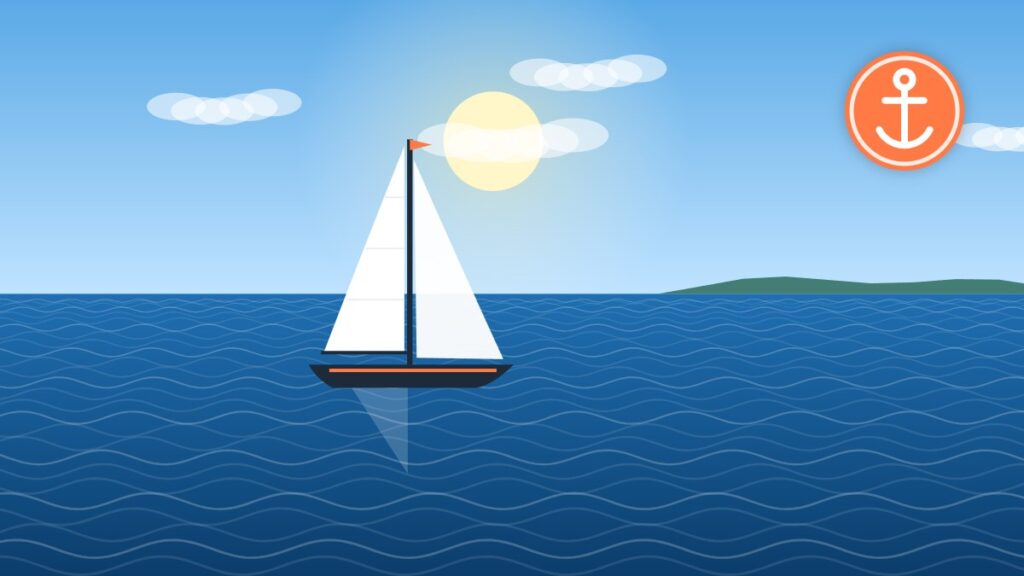 Illustration of a sailboat anchored in a sheltered bay over a sandy seabed