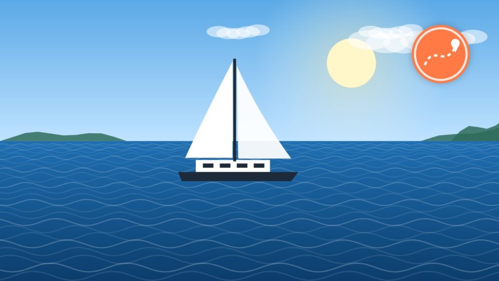 Illustration of a charter catamaran sailing near an island on a sunny day