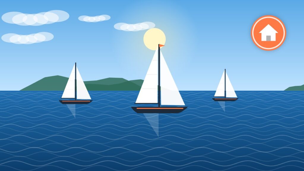Illustration of sailboats cruising near a coastal boating town