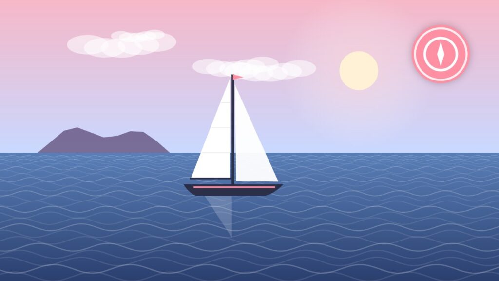 Illustration of a sailboat navigating along the coast with a chartplotter compass icon