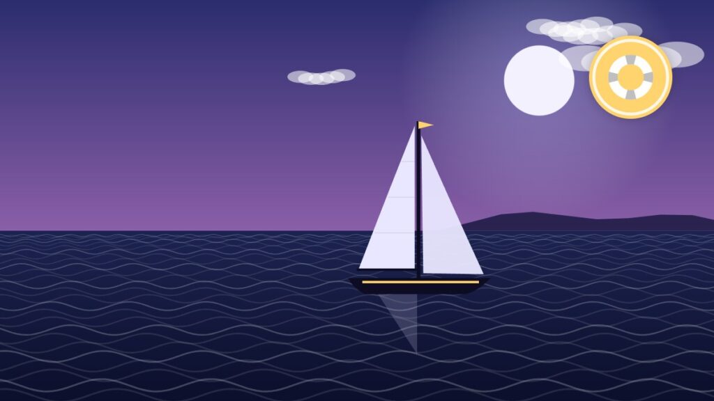 Illustration of a sloop sailing at dusk with a lifebuoy badge