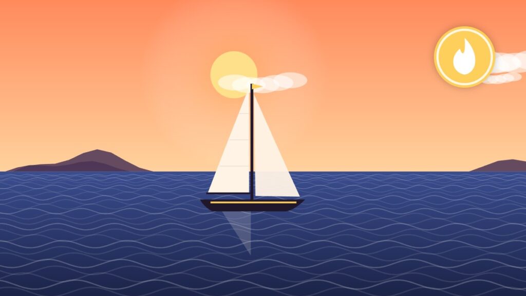 Illustration of a sailboat at anchor in the evening, dinner time in the galley