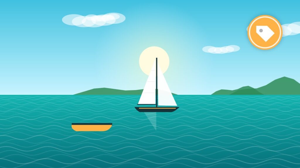 Illustration of a sailboat and tender at anchor, where a portable water filter makes shore and tank water safer to drink
