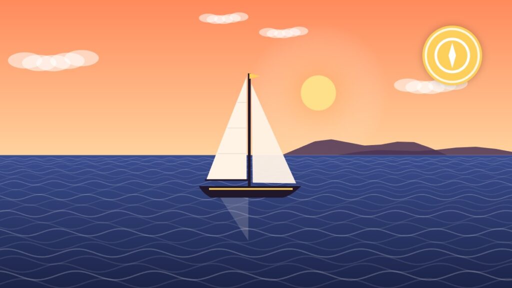 Illustration of a sailboat on a western lake at sunset