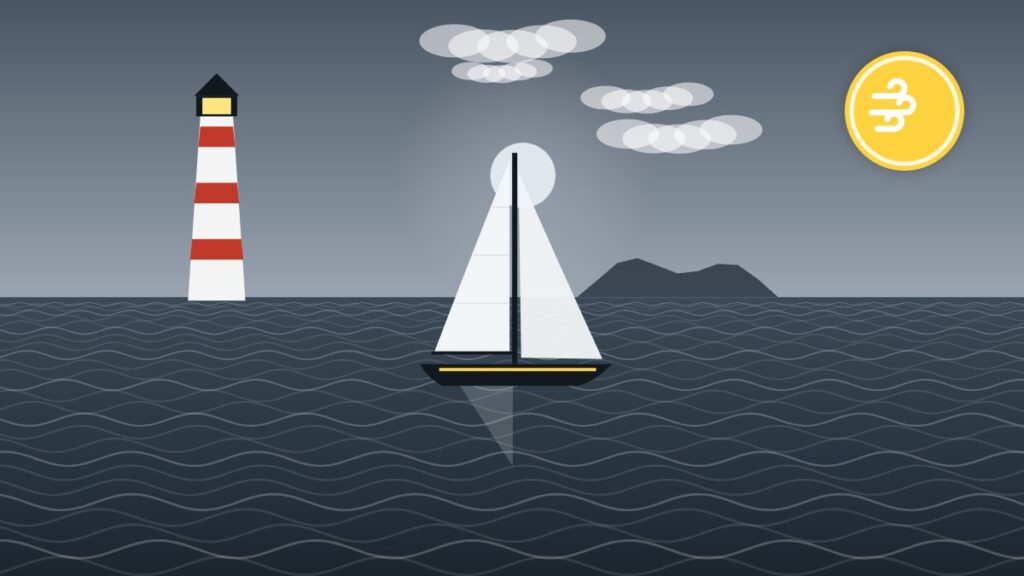 Illustration of a sailboat passing a lighthouse under a changing sky