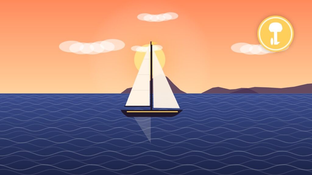 Illustration of a cruising sloop motoring at sunset