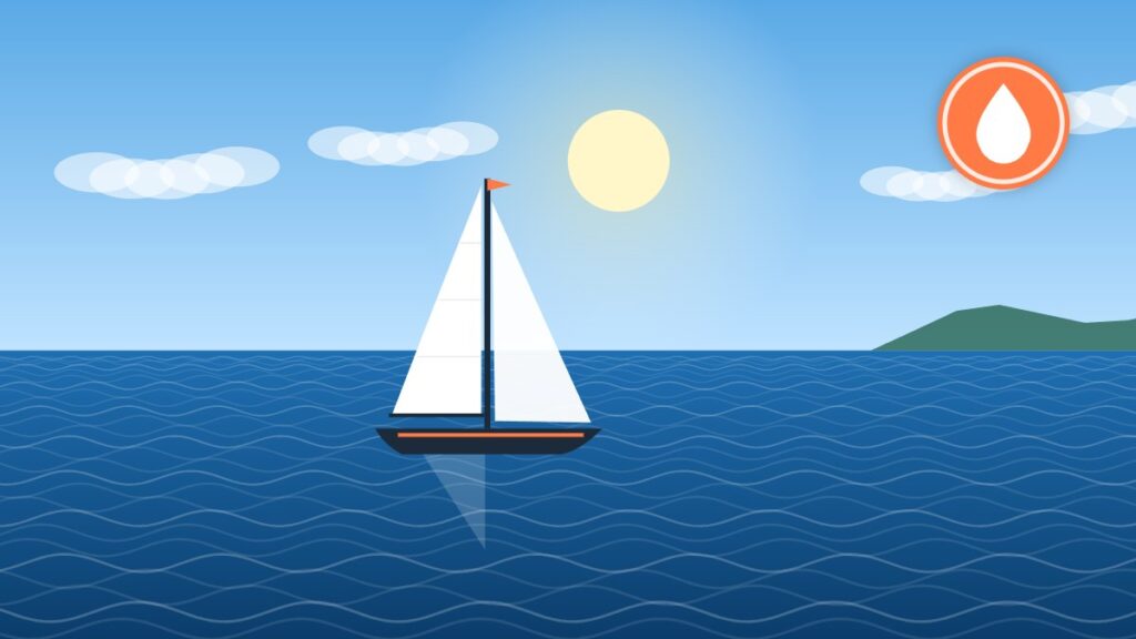 Illustration of a cruising sailboat, representing onboard shower drain and sump systems