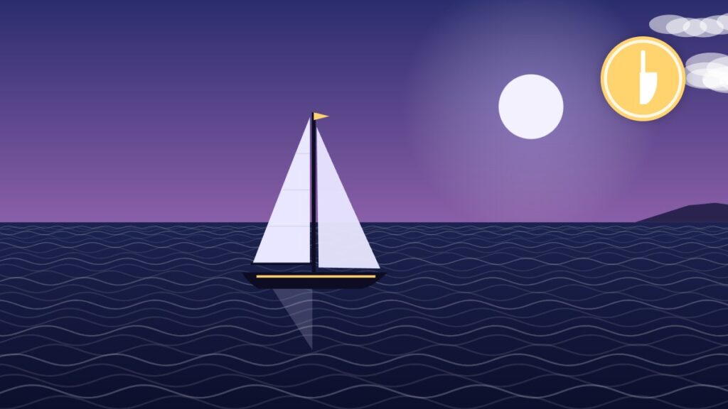 Illustration of a sloop under sail in open water with a rudder icon