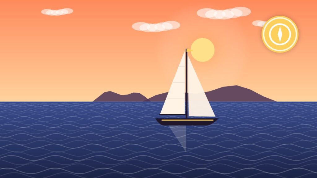 Illustration of a single-masted sailboat under sail with headsail and mainsail set