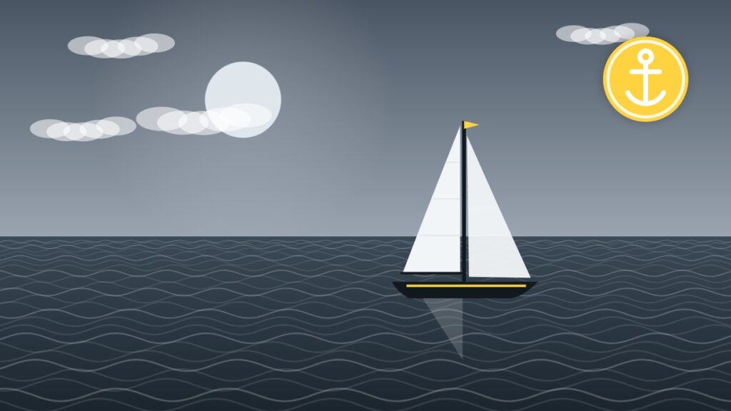 Illustration of a sailboat under a grey storm sky in open water