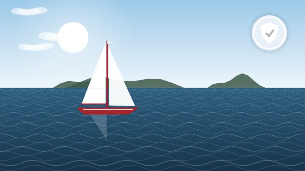 Illustration of a sailboat alone on the open ocean, far from shore
