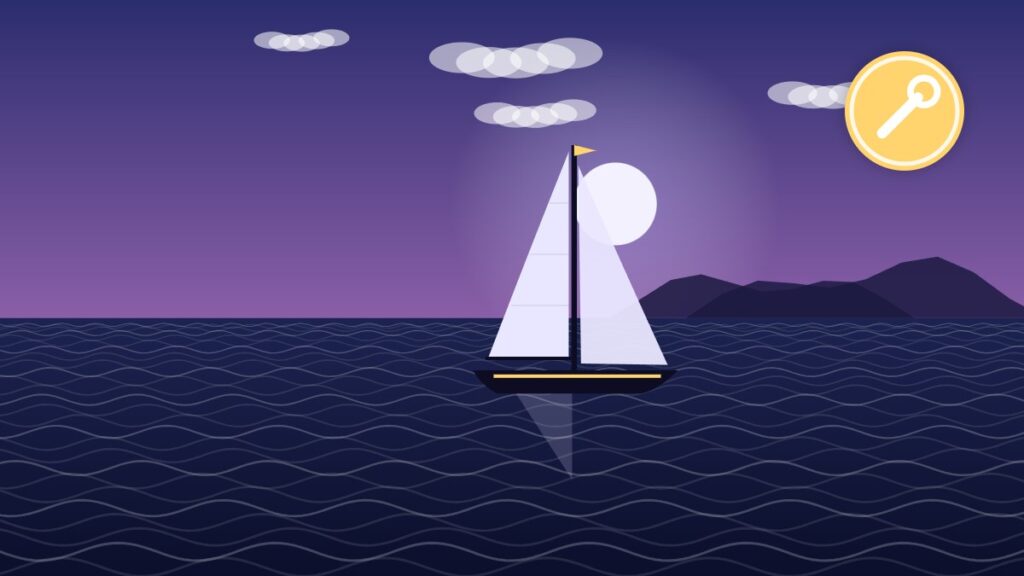 Illustration of a sailboat motoring under a gray sky
