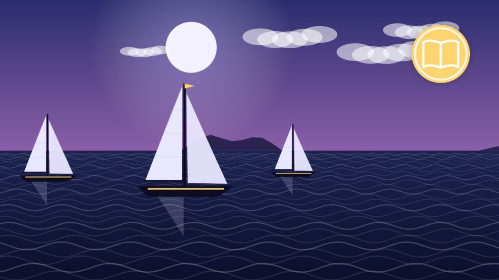 Illustration of sailing ships at sea under a dark sky, representing wooden ships riding out a storm
