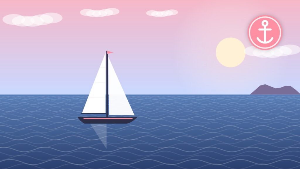 Illustration of a sloop lying to its anchor in a calm anchorage at dusk