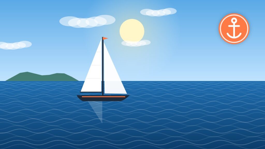 Illustration of a cruising sailboat underway, carrying fresh water in tanks and jerry cans for a passage