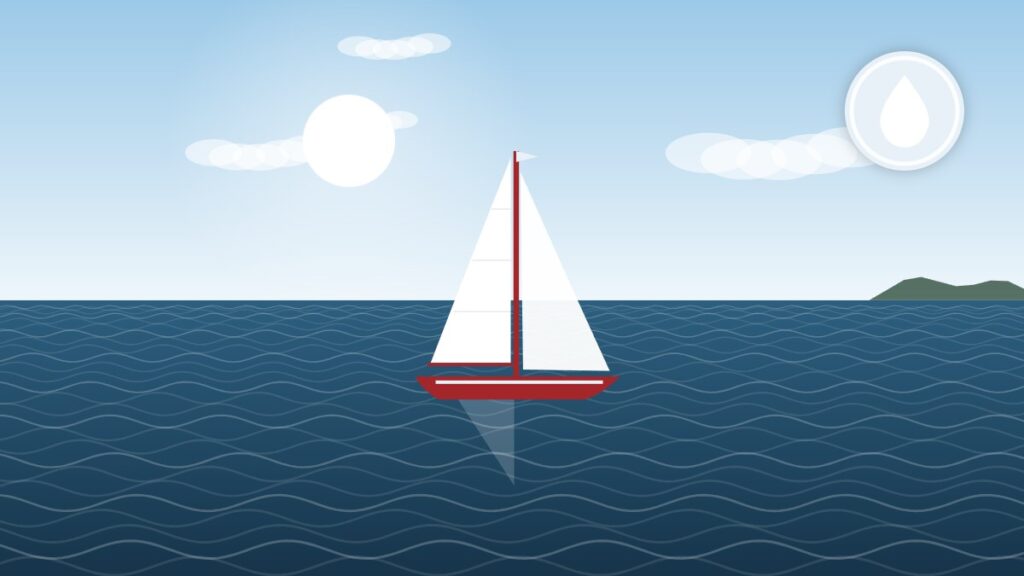 Illustration of a sailboat moored in calm water, ready for freshwater tank cleaning and sanitizing
