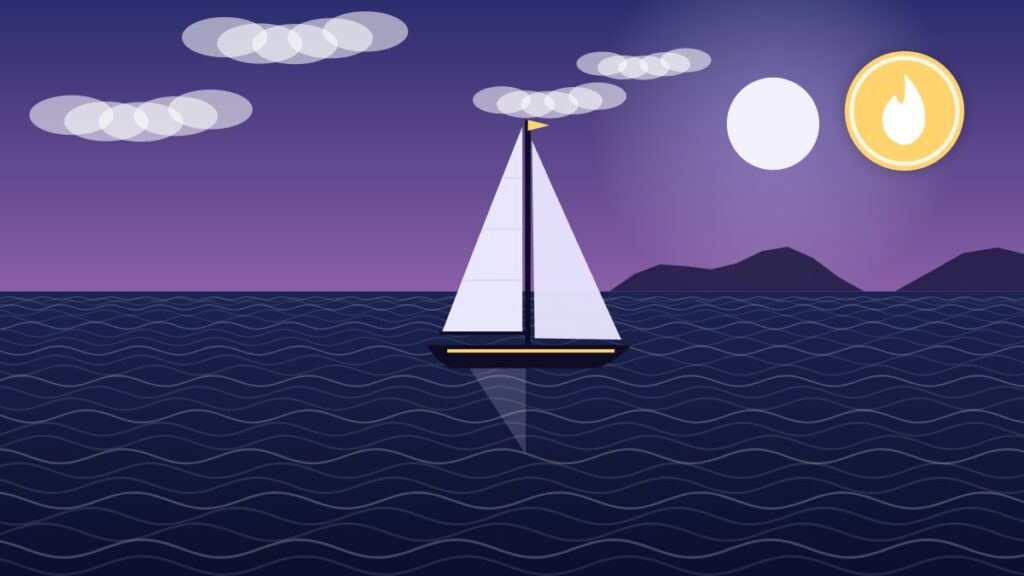 Illustration of a sailboat at anchor in the evening, where hot water has to come from batteries, solar, diesel or propane instead of the engine