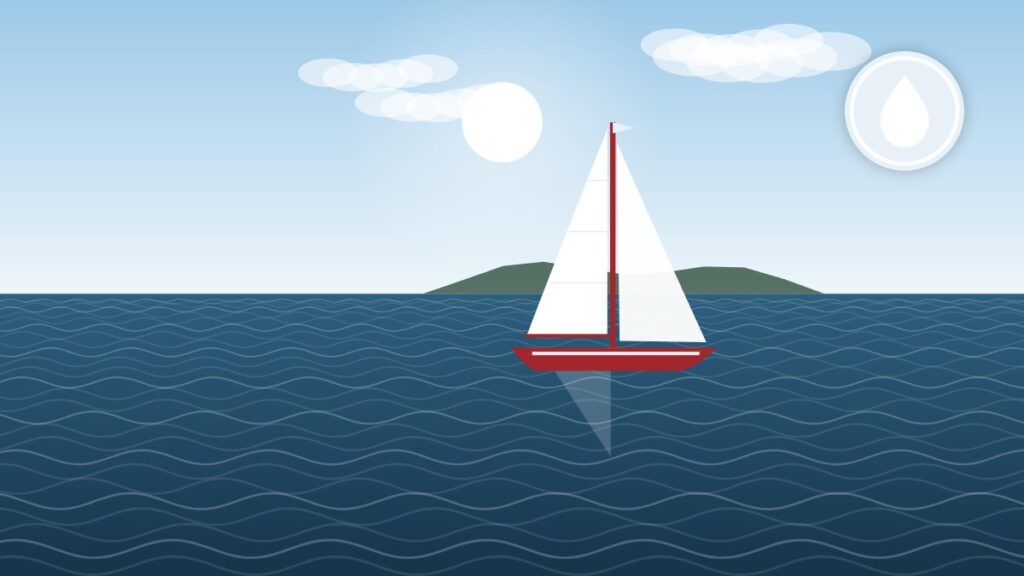 Illustration of a sailboat at anchor in calm, humid conditions where mold can grow aboard