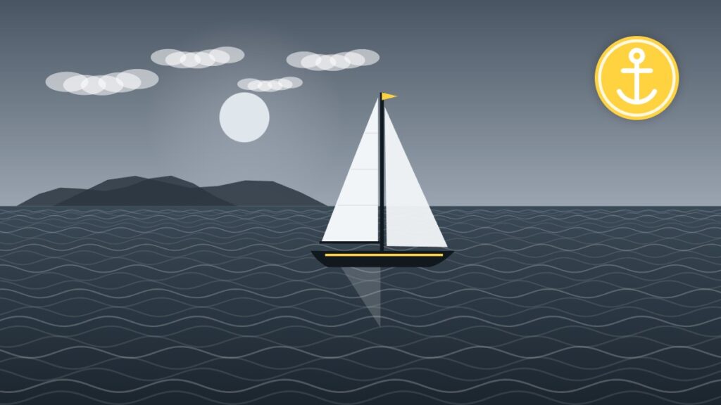 Illustration of a sloop lying quietly hove to in a breeze
