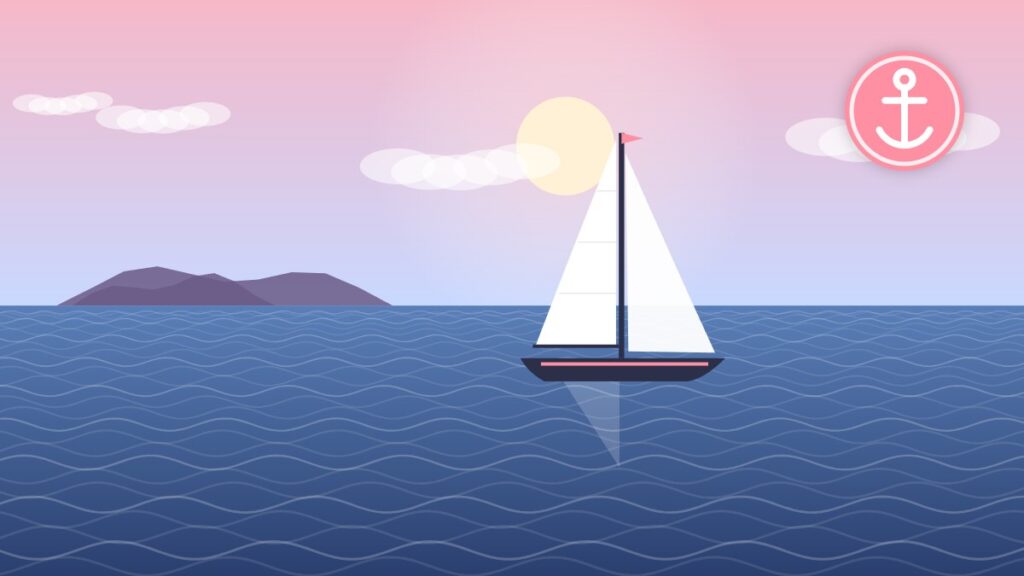 Illustration of a sailboat motoring slowly toward a mooring in a sheltered harbor