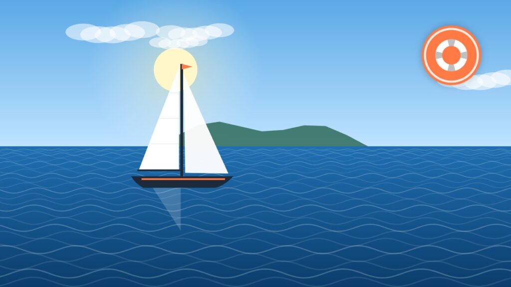 Illustration of a sailboat on gentle swell with the horizon in view