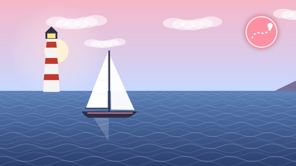 Illustration of a sailboat passing a lighthouse, the kind of landmark shown on a nautical chart