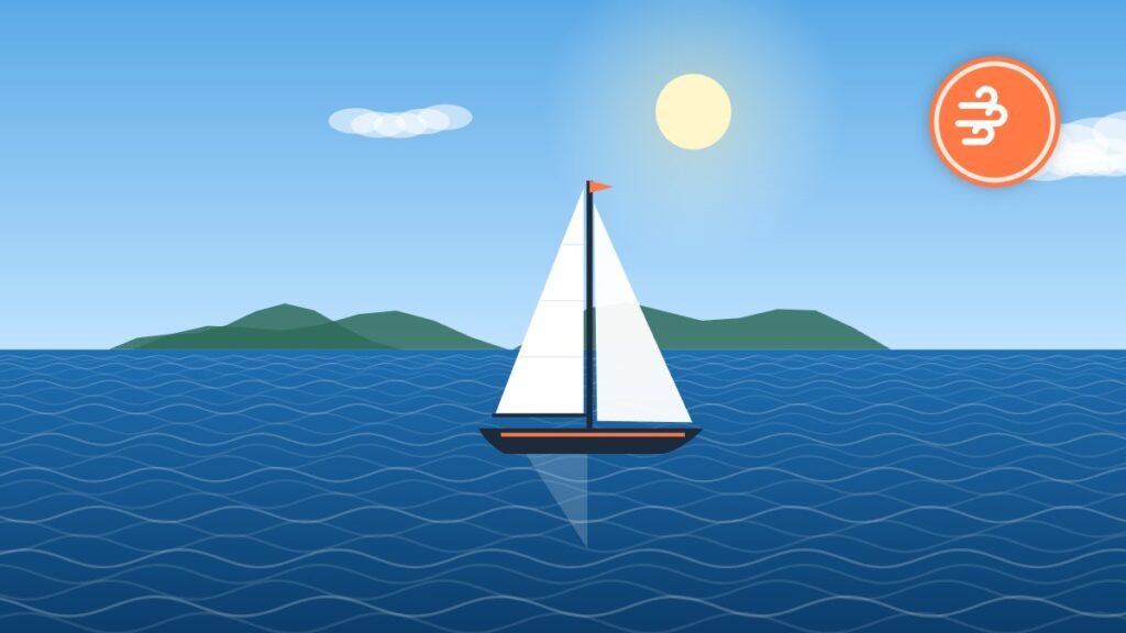 Illustration of a sloop with shortened sail heeling in a building breeze