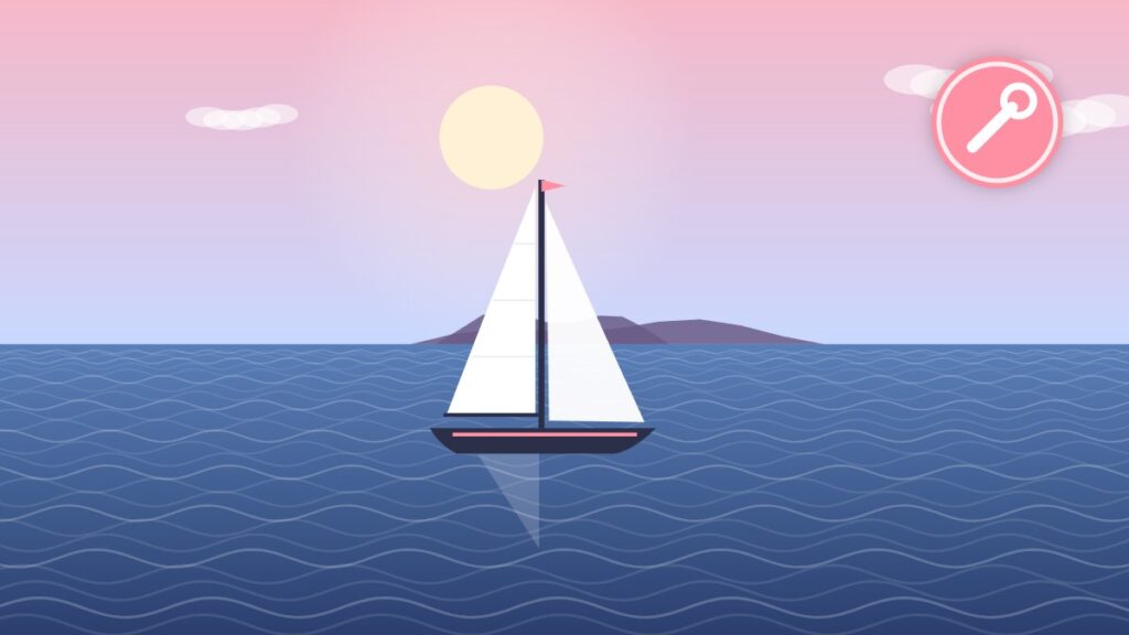 Illustration of a fiberglass sailboat hull on the water, ready for gelcoat chip repair