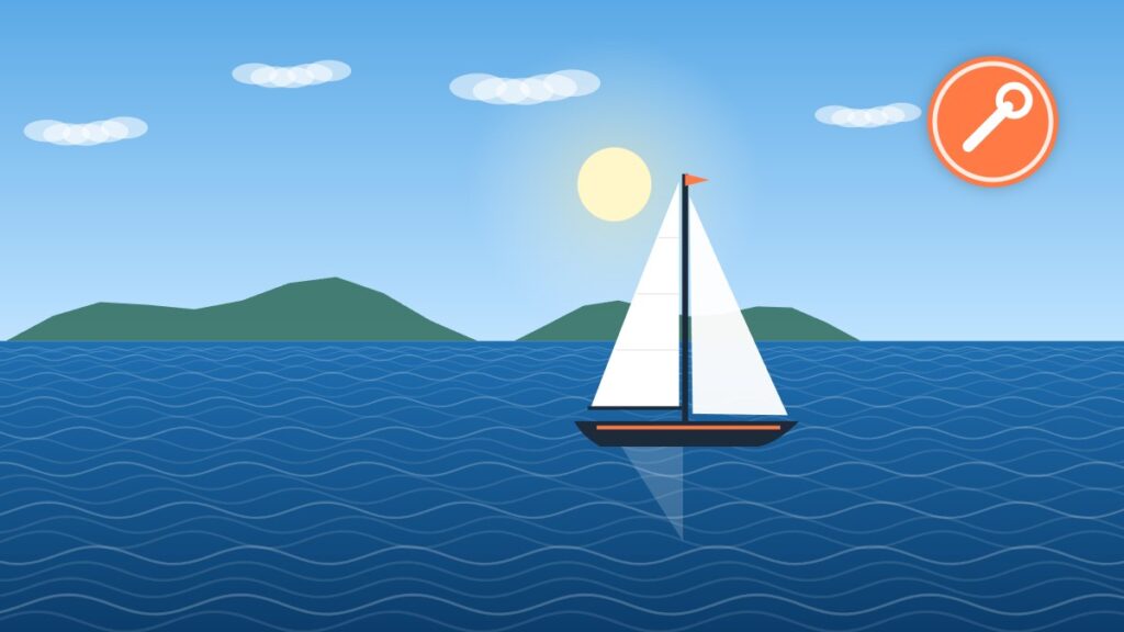 Illustration of an older sloop on calm water, the kind of boat that makes a good restoration project