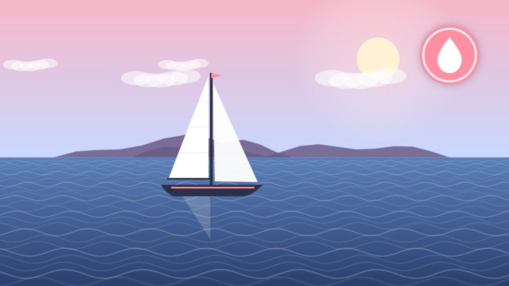 Illustration of a sailboat on calm water on a cool morning, when cabin condensation forms