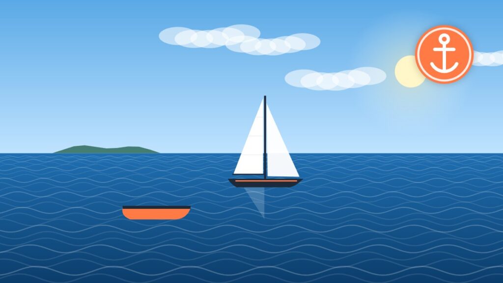 Illustration of a sailboat with its dinghy tender nearby, ready to be stowed