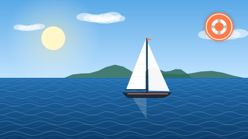 Illustration of a sailboat at anchor in clear tropical water, a typical setting for hookah diving