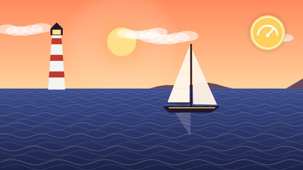 Illustration of a sailboat near a coastal lighthouse, within VHF range of shore