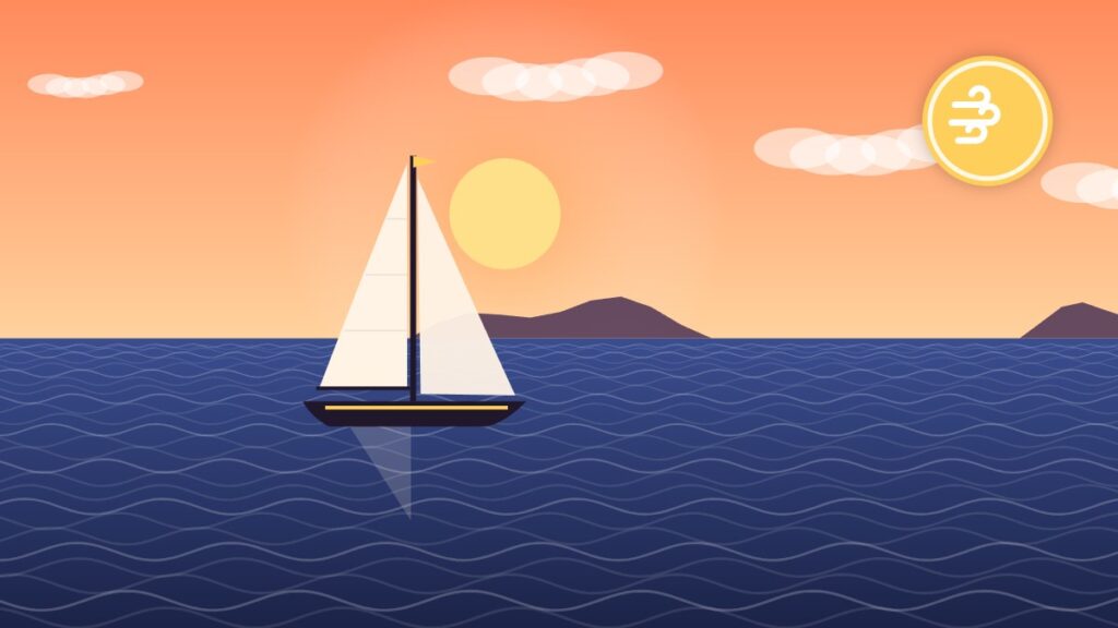 Illustration of a sloop sailing with a full mainsail and jib