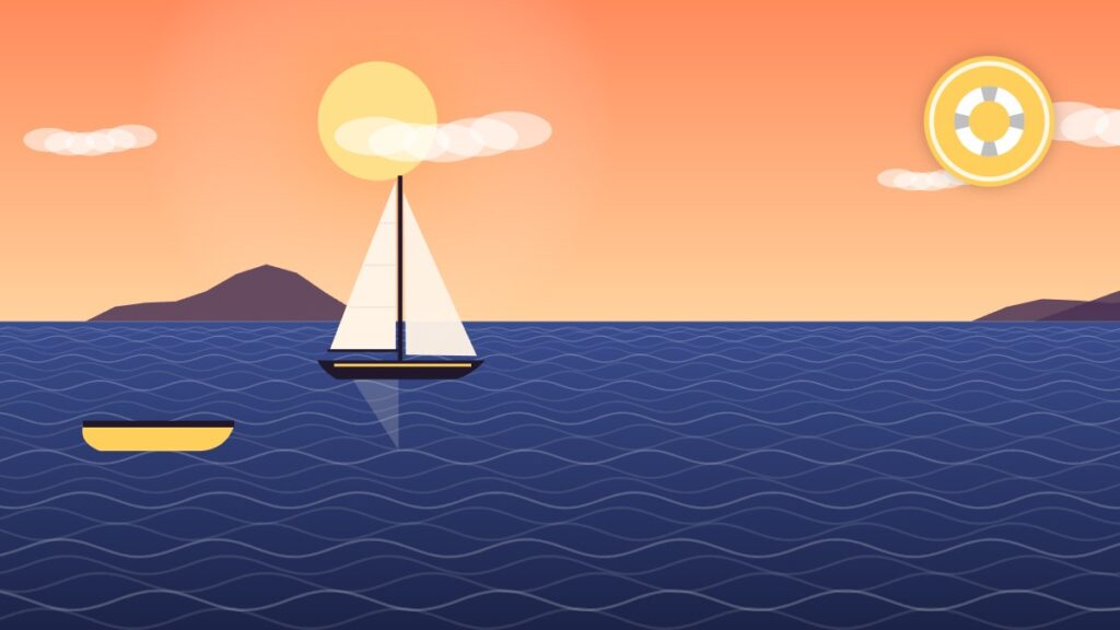 Illustration of a family sailboat with a small dinghy on calm water