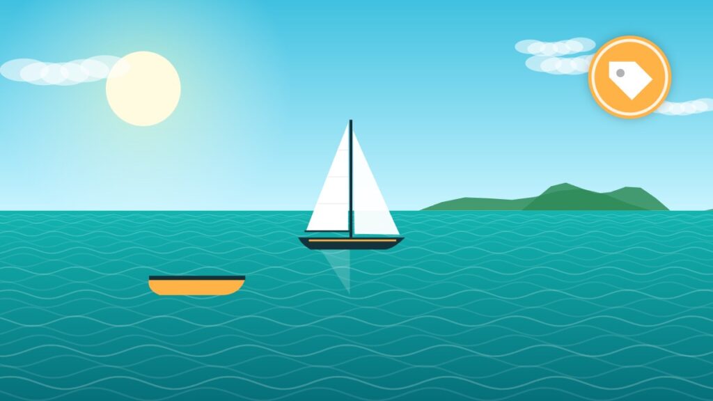 Illustration of a cruising sailboat at anchor with a small tender in the foreground