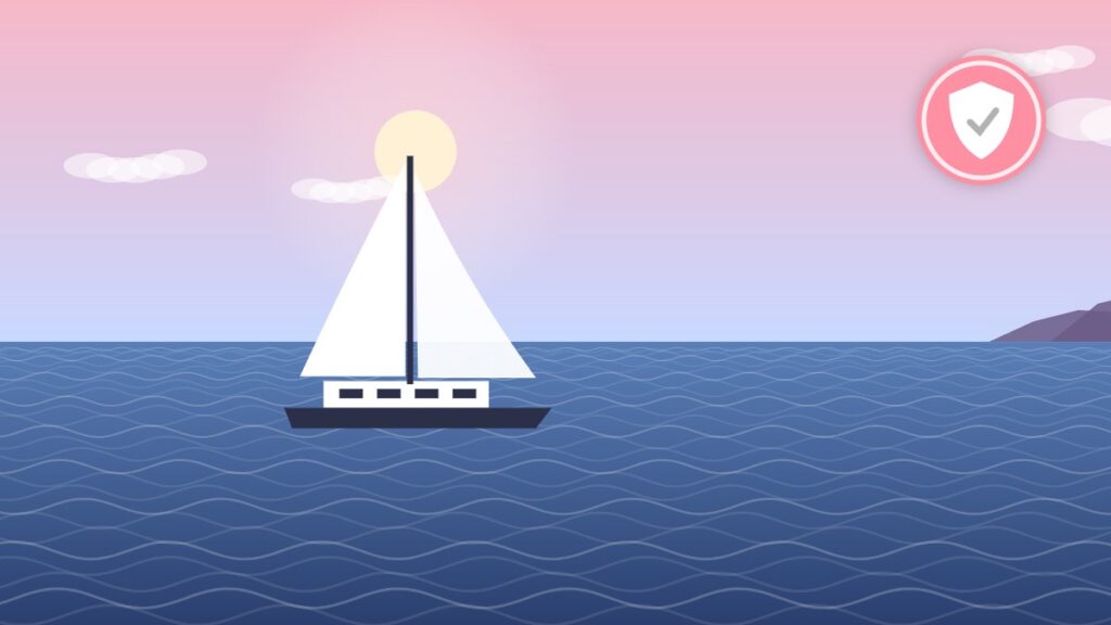 Illustration of a catamaran at anchor in clear water, where the crew relies on the boat water tank for drinking water