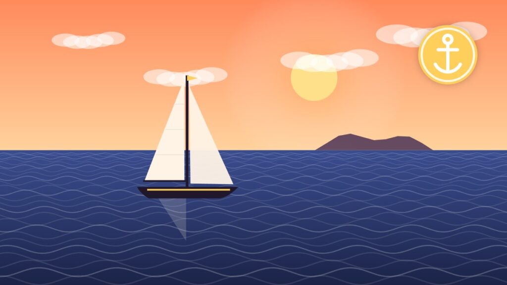 Illustration of a sailboat preparing to moor stern-to in a Mediterranean harbor at sunset