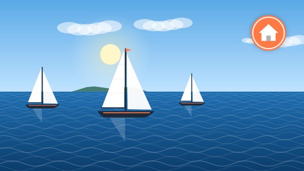 Illustration of several sailboats in a sheltered harbor mooring field