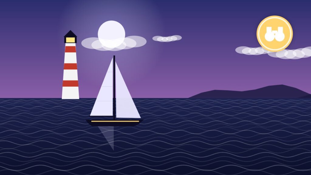 Illustration of a sailboat at sea under a dusk sky with a lighthouse on the coast