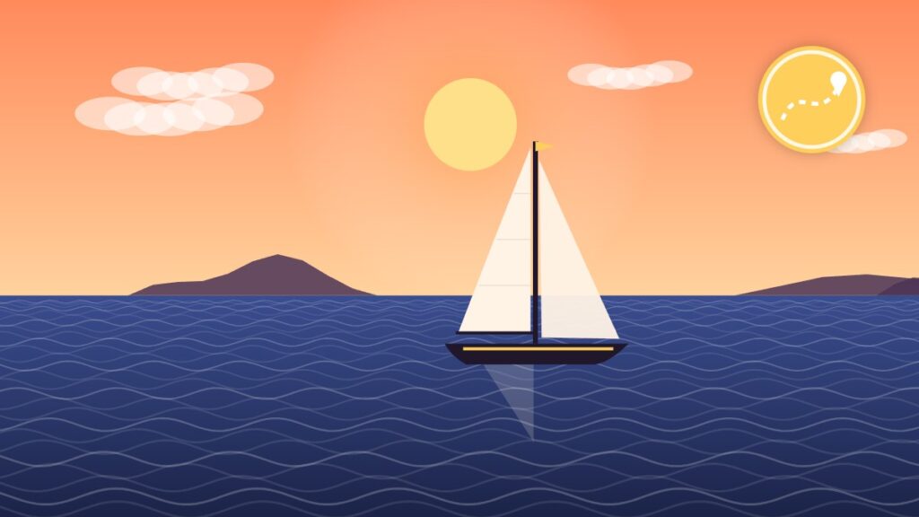 Illustration of a cruising sailboat crossing the Pacific Ocean