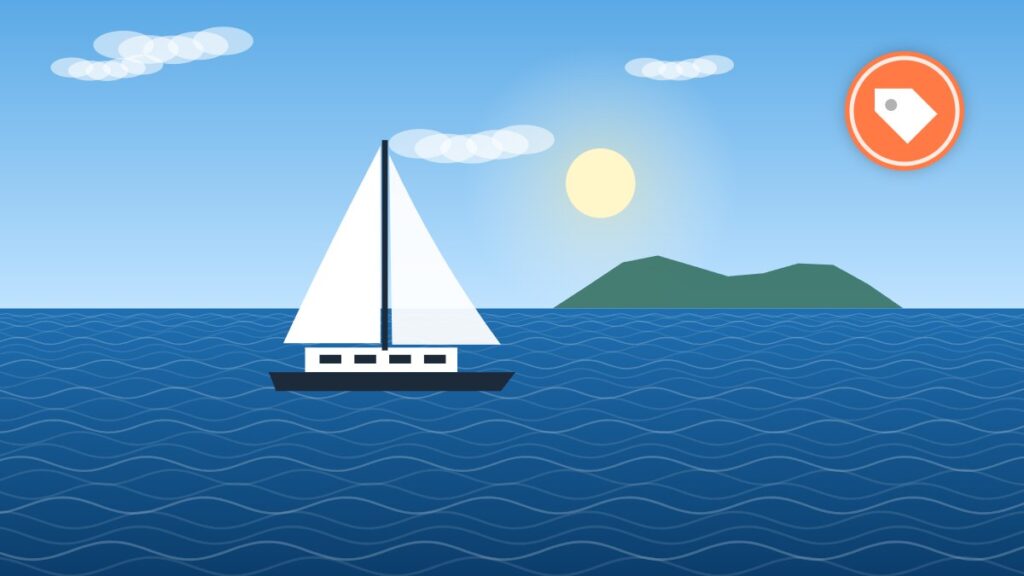 Illustration of a cruising catamaran at anchor on a sunny laundry day