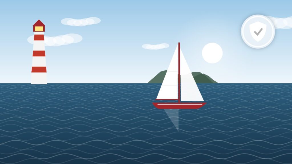 Illustration of a sloop passing a lighthouse on a cold, clear day