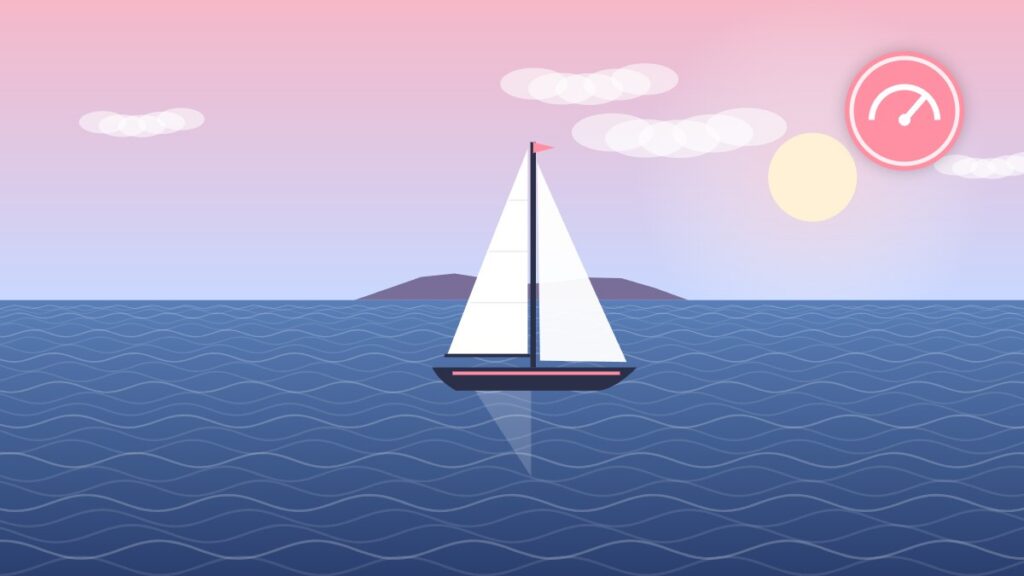 Illustration of a cruising sloop sailing on open water, representing hull shape, sail area and stability