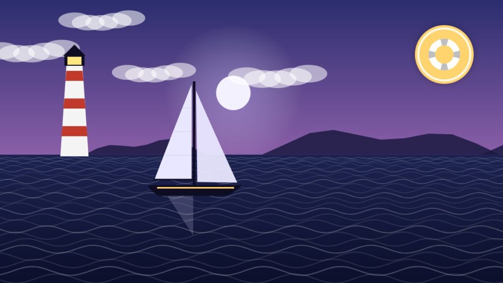 Illustration of a sailboat sailing at dusk, when navigation lights must be switched on