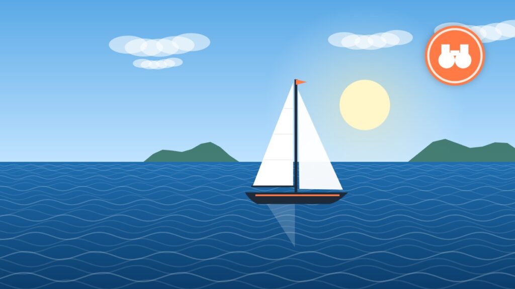 Illustration of a used sailboat on the water awaiting inspection before purchase