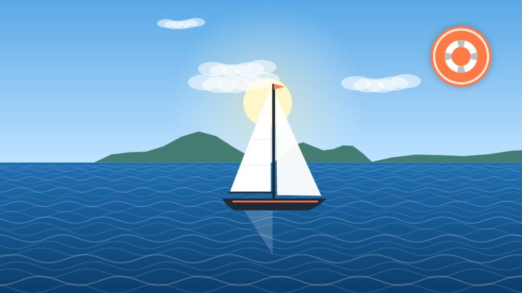 Illustration of a small sloop sailing on calm water under a clear sky