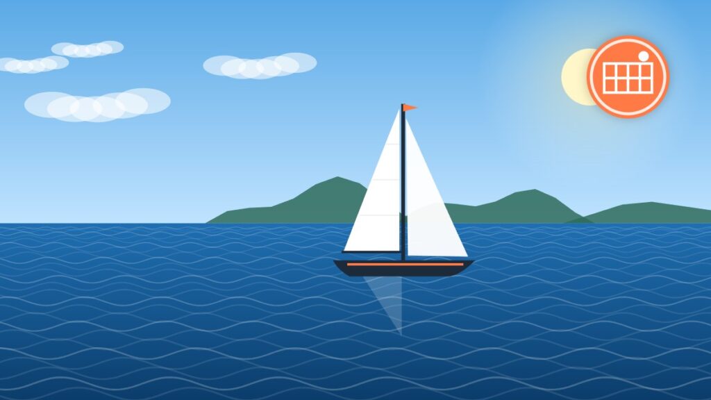 Illustration of a cruising sailboat at sea under bright sun, ideal for solar charging
