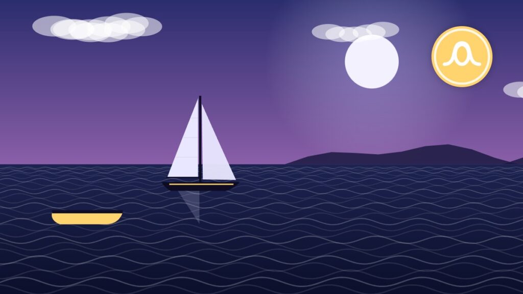 Illustration of a sailboat with a small dinghy following astern