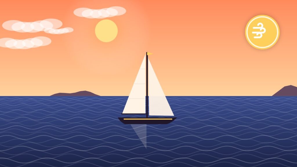 Illustration of a sloop heeling under sail on a breezy day, where true wind and boat speed combine into apparent wind